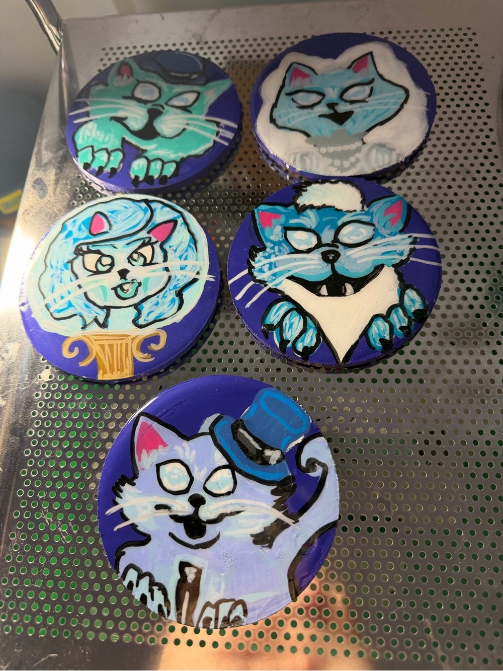 Custom hand painted haunted mansion cat coasters